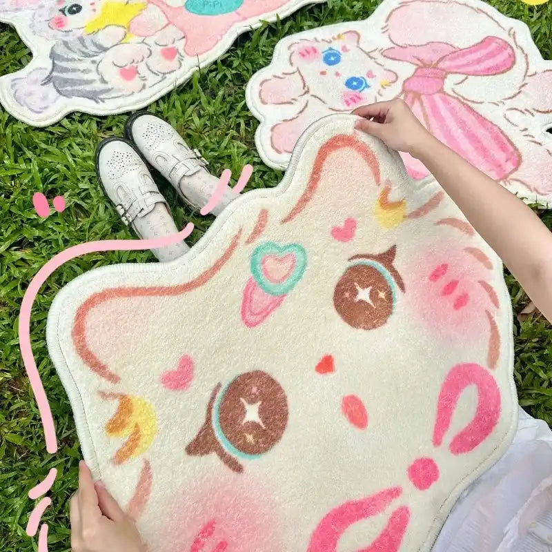 person holding pastel cat head rug with pink blush and universe eyes, soft and cuddly kawaii vibe