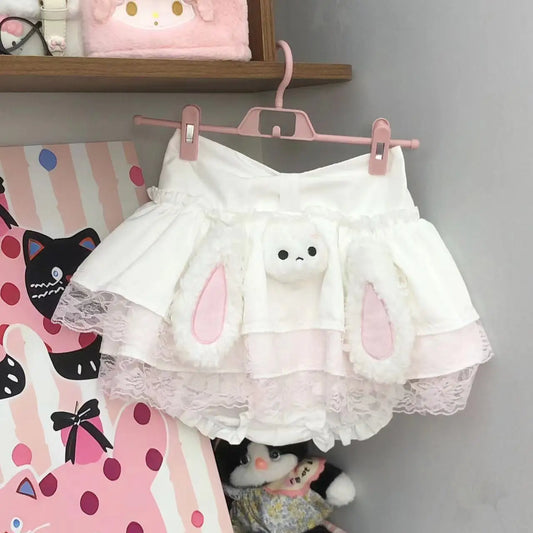 fluffy bunny kawaii mini skirt with 3D bunny face and ears, frilly two-layer skirt, lace trims for pastel playdates