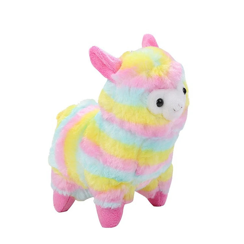 Fluffy rainbow alpaca plush keychain, colorful mini accessory ideal for backpacks, gifts, and ABDL or little space aesthetics.