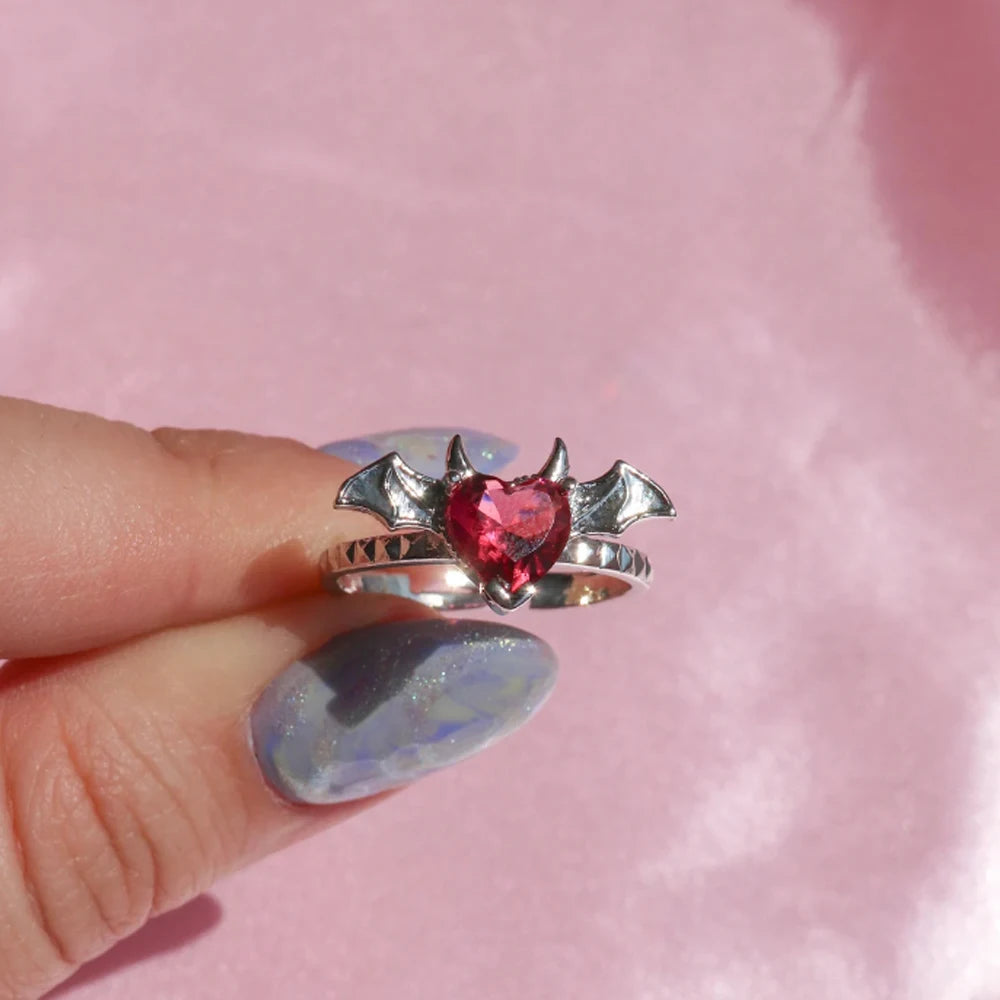 silver forbidden love heart ring adjustable band perfect for gothic fashion rebels
