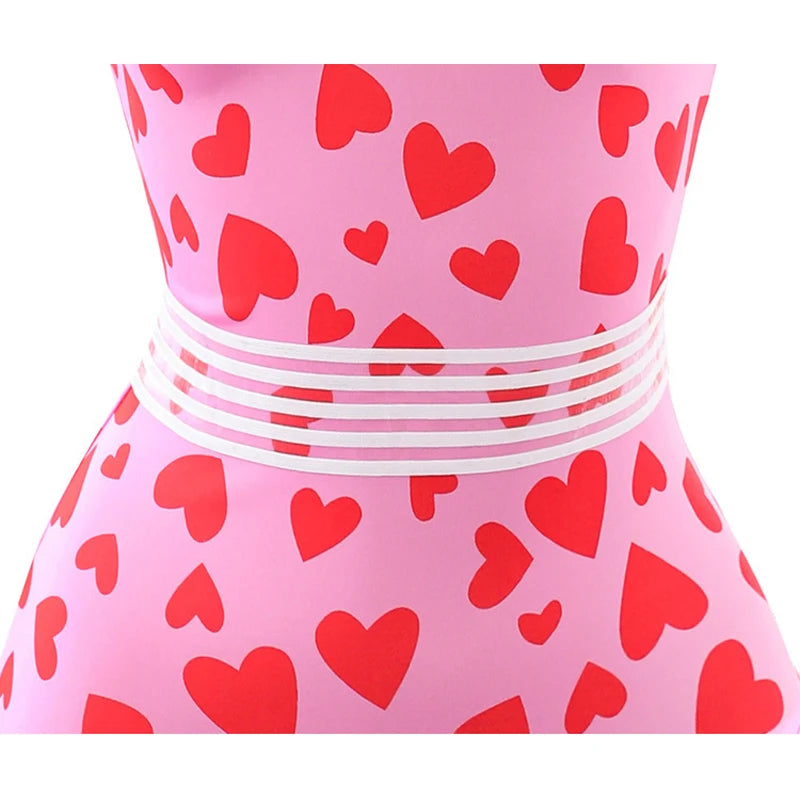 Babygirl Forever Crush Kawaii Cosplay Set, red hearts on pink, cut-out choker bodysuit with frills, wristbands, and belt