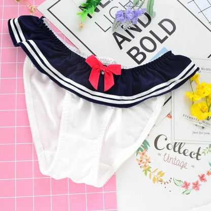 White navy Japanese schoolgirl panties with bow – soft kawaii fuku-style lingerie for cosplay or daily wear.