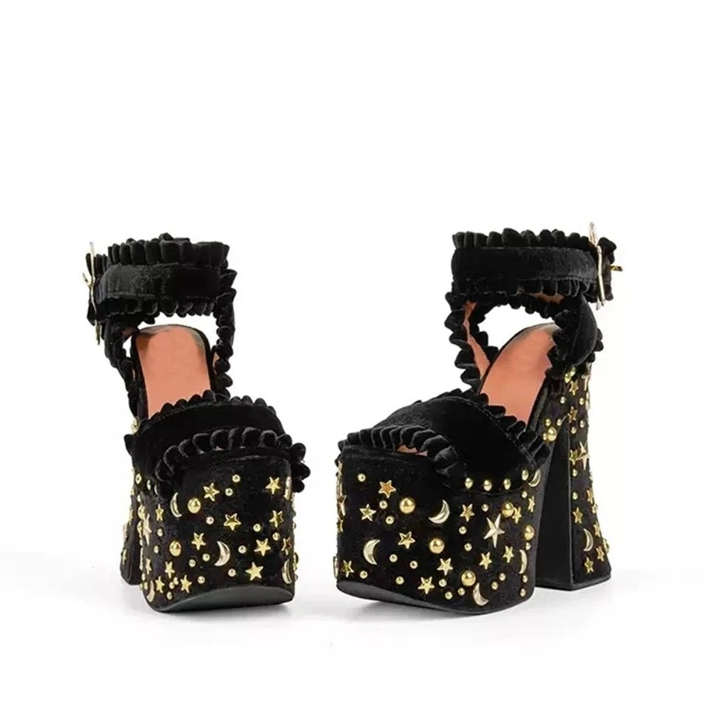 Futuristic Y2K platform heels with celestial glitter, chunky heel, and cosmic details for concerts and party vibes