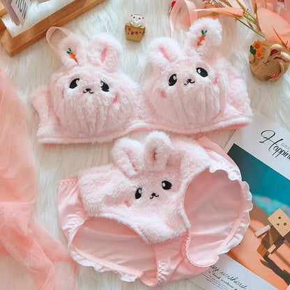 Fuzzy Bunny bra and thong set with 3D ears, kawaii DDLG ABDL cutecore lingerie for cozy and flirty vibes