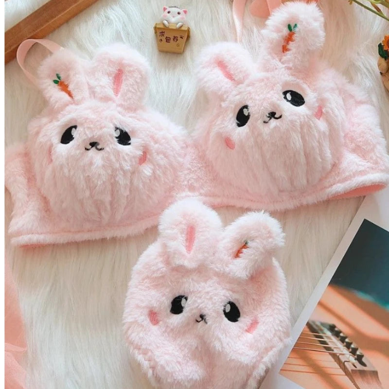 Fuzzy Bunny Kawaii lingerie bra and thong set, cozy and playful ABDL DDLG cutecore fit for dreamy and flirty moments