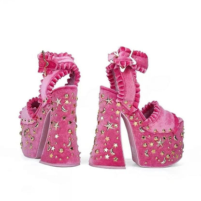 Galactic Glow chunky platform heels Y2K style with planets, stars, and bold