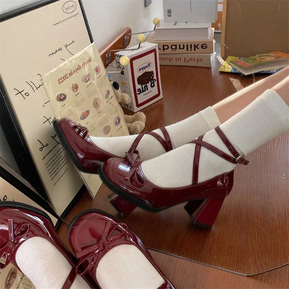 Gloss & Grace Classic Strap Heels in Bordeaux, vintage-inspired kawaii style for DDLG & ABDL outfits