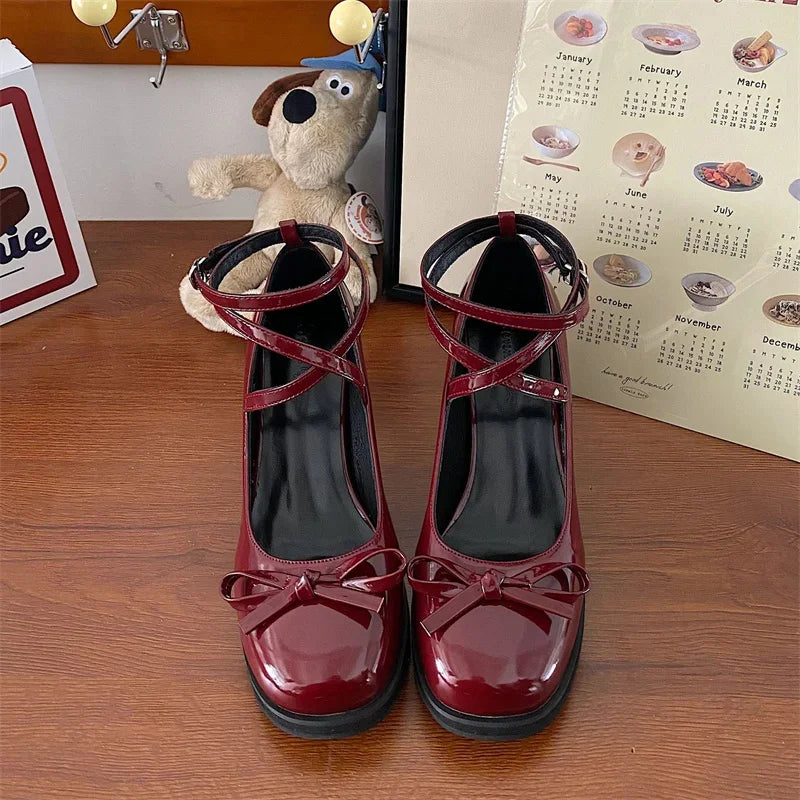 Bordeaux Gloss & Grace Classic Strap Heels, vintage elegance with kawaii flair for DDLG & ABDL fashion