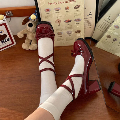 Gloss & Grace Heels in Bordeaux, modest heel height with kawaii lolita charm for DDLG & ABDL style