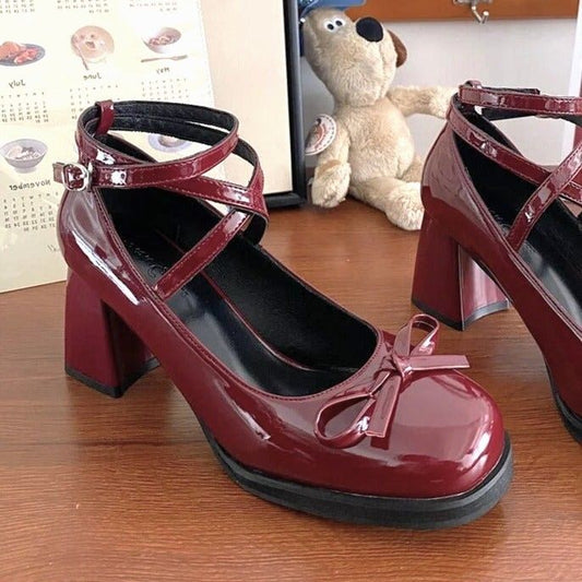 Vintage-inspired Gloss & Grace Classic Strap Heels with glossy finish, front strap design, modest heel height, and elegant lolita-ready silhouette in black, white, or bordeaux