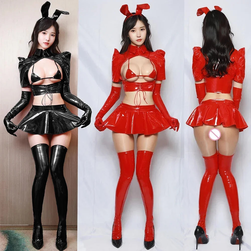 glossy black and red patent leather bunny lingerie sets perfect for ddlg abdl kawaii cosplay and roleplay