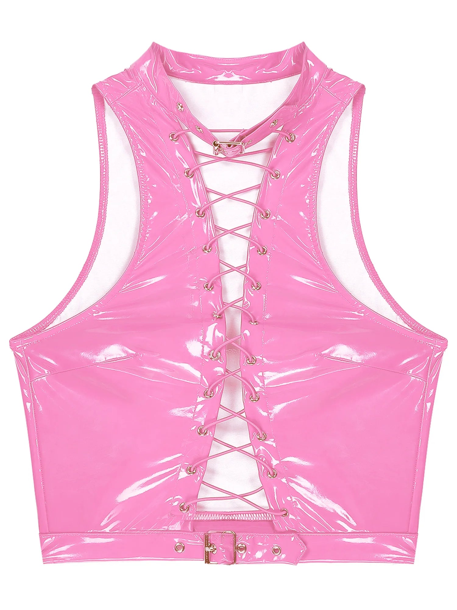 Glossy pink lace crop top with corset detail, sexy cutecore DDLG vibes for playful fantasies