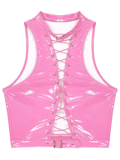 Glossy pink lace crop top with corset detail, sexy cutecore DDLG vibes for playful fantasies