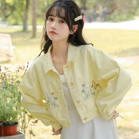 Golden Bloom Denim Crop Jacket in pastel gold — babycore soft girl ddlg abdl kawaii outfit aesthetic