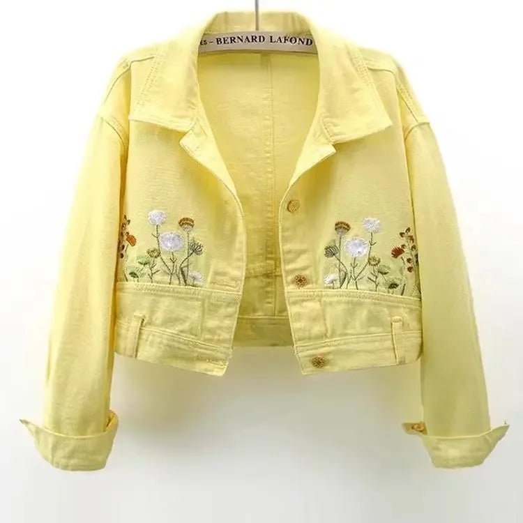 Golden Bloom Denim Crop Jacket 🌼 pastel gold/yellow hue, cropped fit, kawaii DDLG ABDL babycore aesthetic with floral embroidery 💛