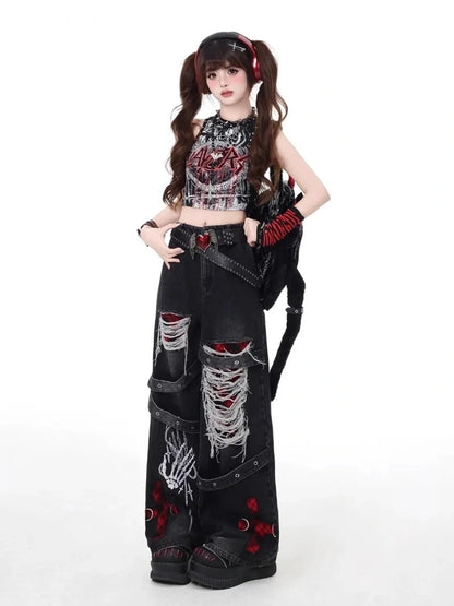 Goth baddie denim pants in black with alternative fashion distressed details