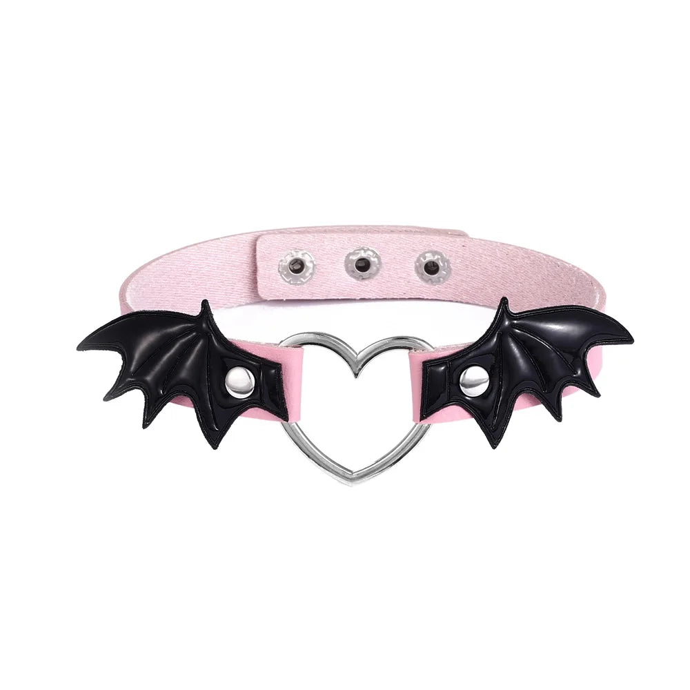 Pink and black bat heart choker with adjustable buckle for cosplay