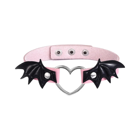 Pink and black bat heart choker with adjustable buckle for cosplay