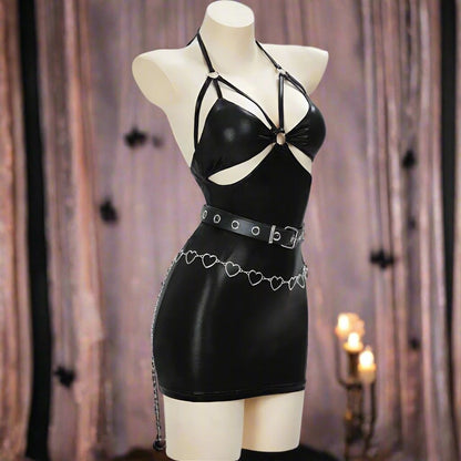 Sexy backless gothic bodycon dress with heart waist chain, mesh overlay, and sleeves, cute baddie vibes