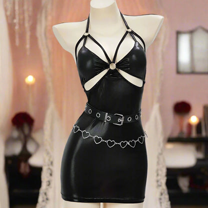 Gothic baddie full look set with shiny ice silk dress, skeleton mesh overlay, sleeves, belt, flirty DDLG aesthetic