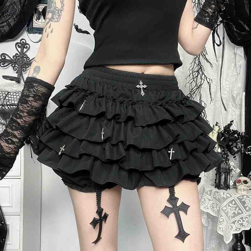 Gothic lolita skirt with bold 3D cross appliqués and voluminous frilly layers