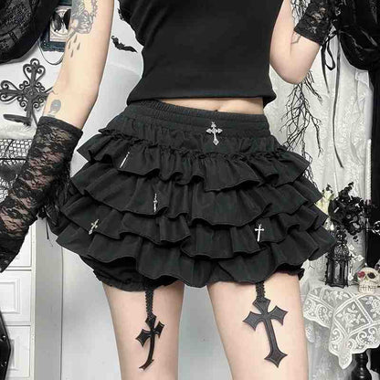 Gothic lolita skirt with bold 3D cross appliqués and voluminous frilly layers
