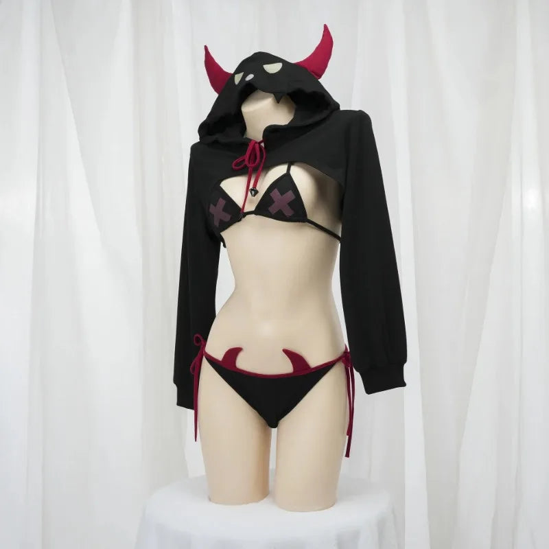 Gothic Little Cheeky Demon Cosplay Set with horned hoodie, cross bra details, and flirty kawaii design for DDLG play