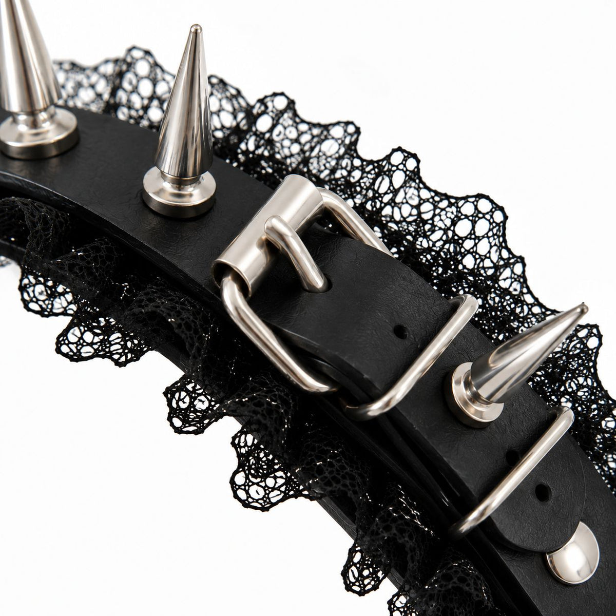Silver toned cone spike detail on vegan leather gothic doll headband