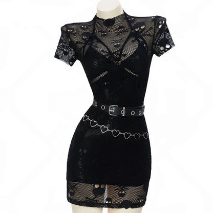 Glossy ice silk dress with skeleton mesh overlay, heart waist chains, sleeves, and belt, ultimate gothic baddie look