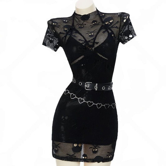 Glossy ice silk dress with skeleton mesh overlay, heart waist chains, sleeves, and belt, ultimate gothic baddie look