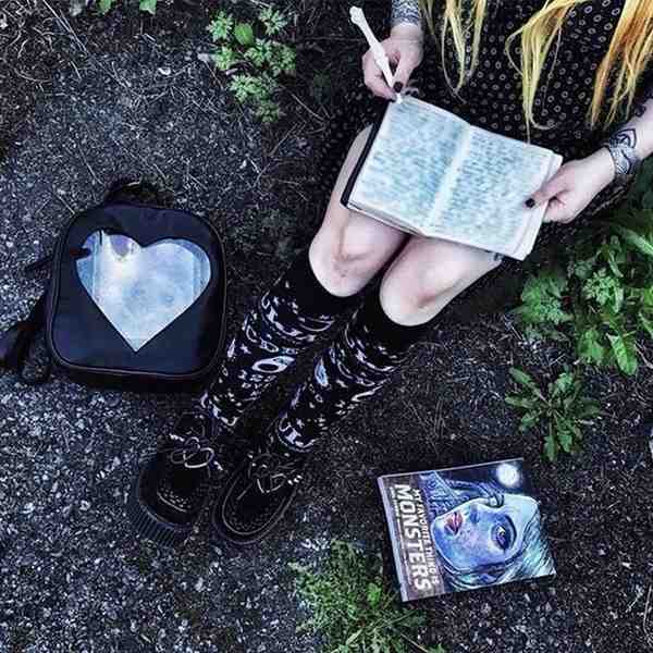 Gothic kawaii black and white dark Ouija stockings with mystical symbols and softcore DDLG energy