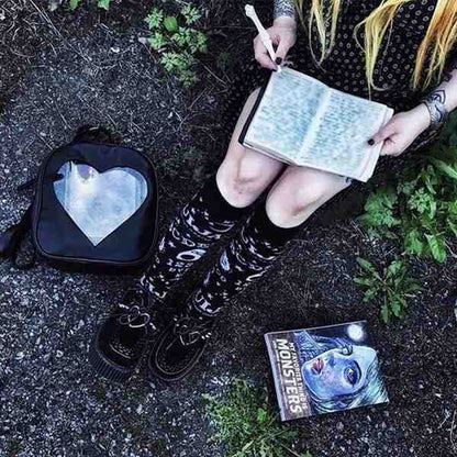 Gothic kawaii black and white dark Ouija stockings with mystical symbols and softcore DDLG energy