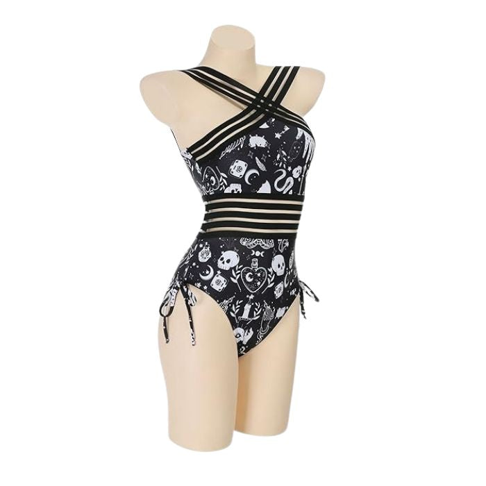 Gothic kawaii Witchy Hour bodysuit with stripes, laces, and occult prints for DDLG ABDL cute play