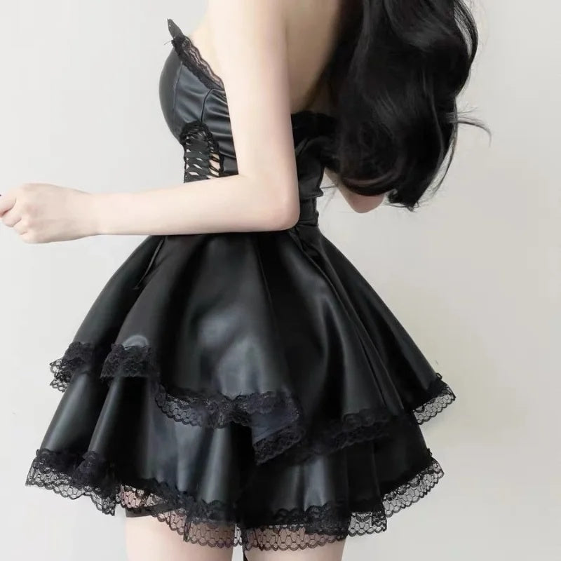Back view of gothic lace up leather mini dress, DDLGirl punk style