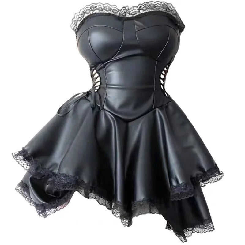Voluminous flared mini skirt silhouette on gothic vegan leather dress