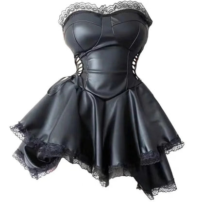 Voluminous flared mini skirt silhouette on gothic vegan leather dress