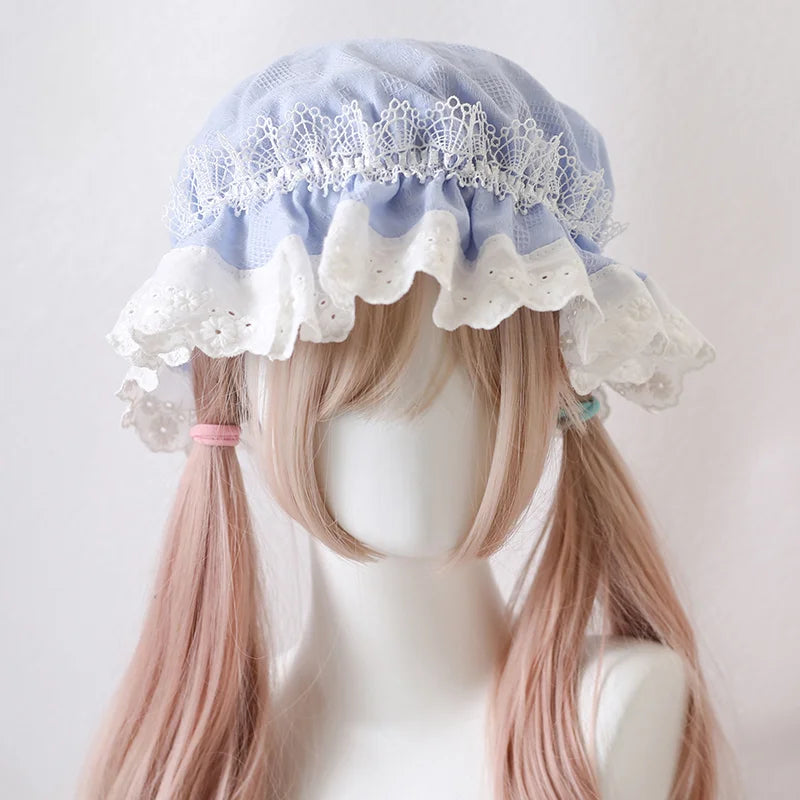 Soft gray Lolita lace bonnet with romantic vintage details
