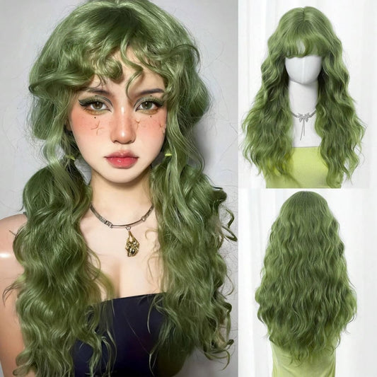 Green fairy bangs wig with long soft green hair, cutecore ddlg cosplay style for playful kawaii looks