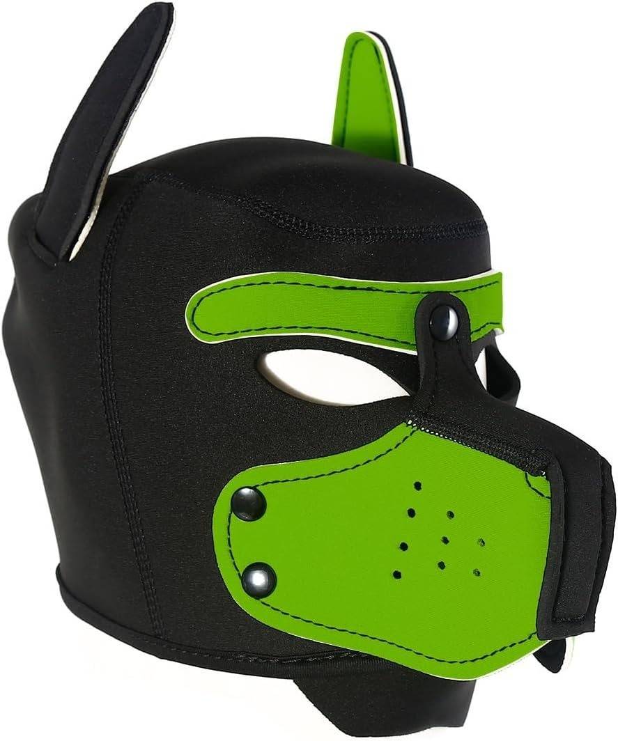 Green furry pup mask for petplay, flirty puppy DDLG sub fun, and kawaii roleplay moments.