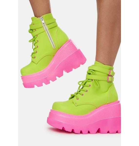 Green and pink chunky platform boots, kawaii little space fashion and DDLG aesthetic