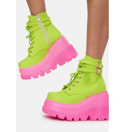 Green and pink chunky platform boots, kawaii little space fashion and DDLG aesthetic