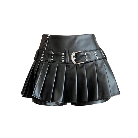 Grunge Doll Vegan Skirt, black mini skirt with edgy buckle and dollcore vibes for kawaii DDLG style