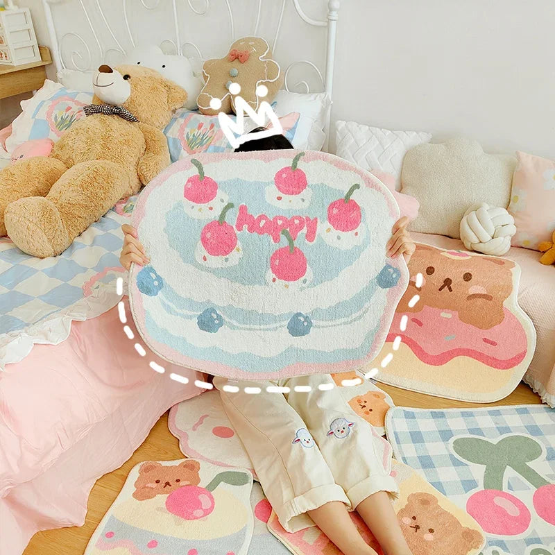 Happy cake kawaii pastel rug with cute cupcake and candy designs for cozy room decor