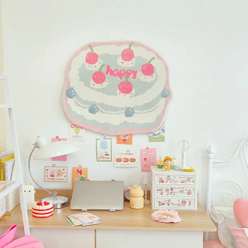 Happy cake pastel kawaii rug hung on wall, soft cartoon sweets and cupcakes design