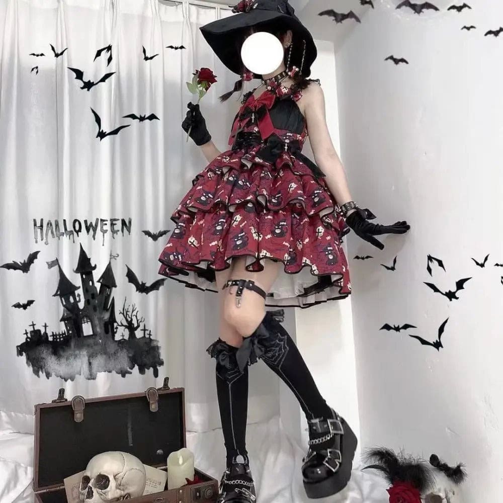 Red Haunted Babydoll Lolita Dress, gothic lolita silhouette with spooky details, perfect for kawaii rebels