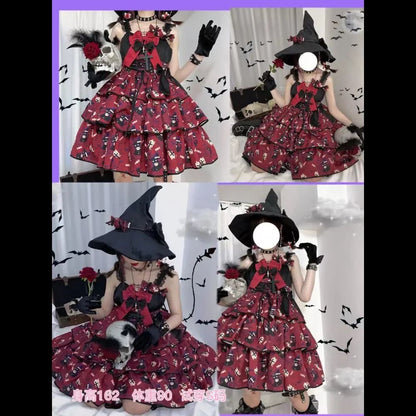 Bold red Haunted Babydoll Lolita Dress, brat-approved gothic fashion with kawaii ribbons and spooky charm