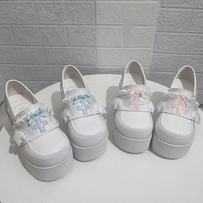 Elevate your softcore DDLG look with Healing Halo Platform Heels featuring angelic wings and frilly bows