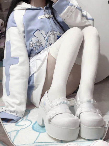 Healing Halo Platform Heels with angelic wings, frilly bows, and heart accents for DDLG and kawaii style