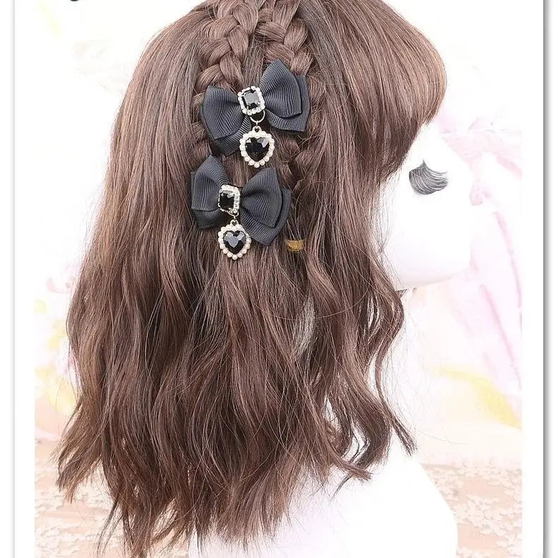 Heart Gem Princess Hair Clips Black, edgy kawaii clips with heart gems for cutecore and babycore style