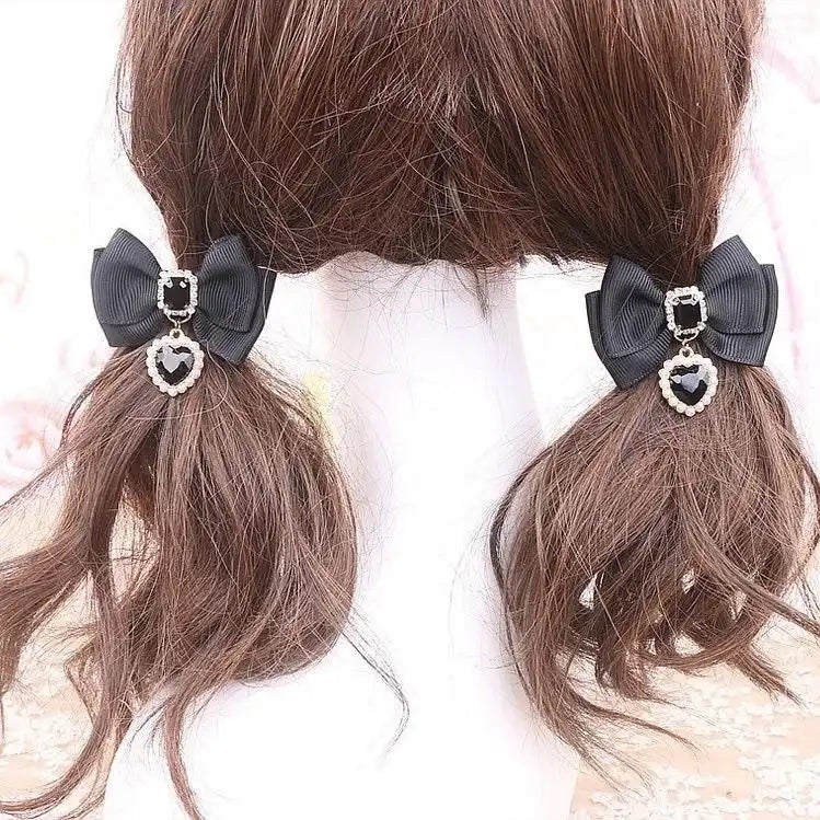Heart Gem Princess Hair Clips Black Set, heart-shaped crystal clips for kawaii DDLG and pastel outfits